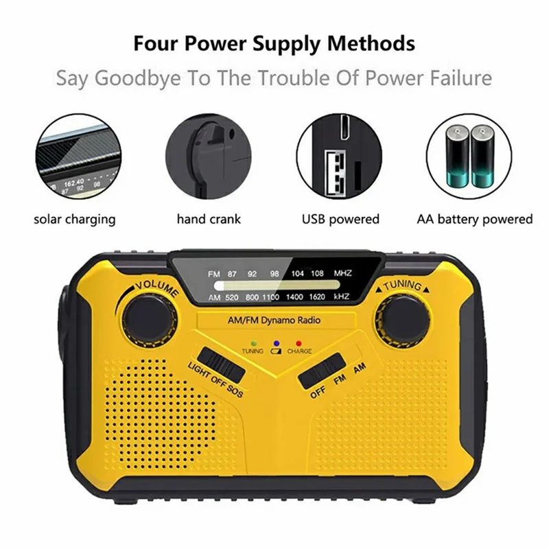 369 Multifunction Outdoor Emergency Radio Hand Crank / Solar Bluetooth-compatible Speaker with LED Flashlight, European Version - Yellow