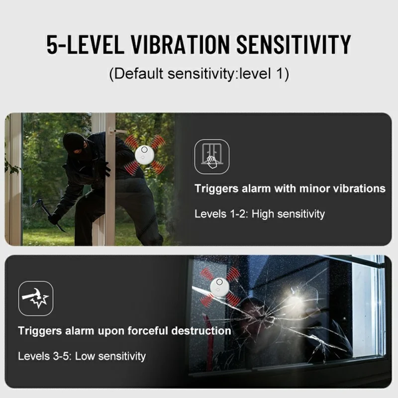 Alarme de Alta Sensibilidade para Porta e Janela 130dB Sensor de Vibração Detector de Quebra de Vidro Sistema de Segurança Antifurto