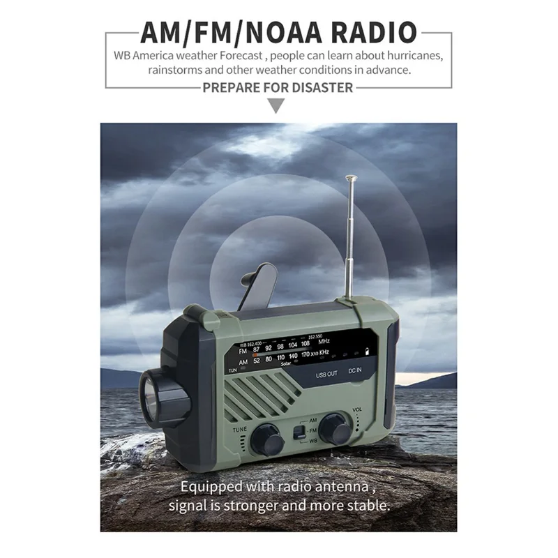 XLN-290 Radio de Emergencia Solar Multifunción con FM AM WB, Linterna LED, Linterna de Manivela y Banco de Energía
