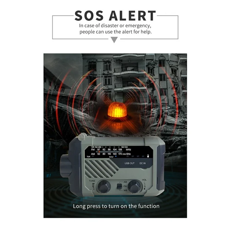 XLN-290 Radio de Emergencia Solar Multifunción con FM AM WB, Linterna LED, Linterna de Manivela y Banco de Energía