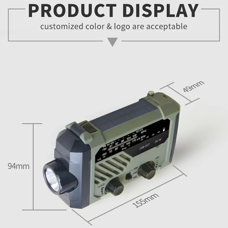 XLN-290 Radio de Emergencia Solar Multifunción con FM AM WB, Linterna LED, Linterna de Manivela y Banco de Energía