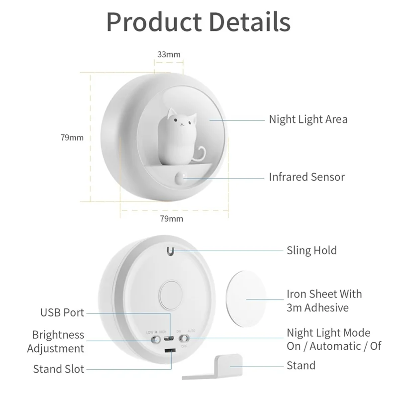 K610 Smart Motion Sensor Night Light Wireless Magnetic Round LED Lamp for Cabinet / Stairs / Hallway Wall Light - White