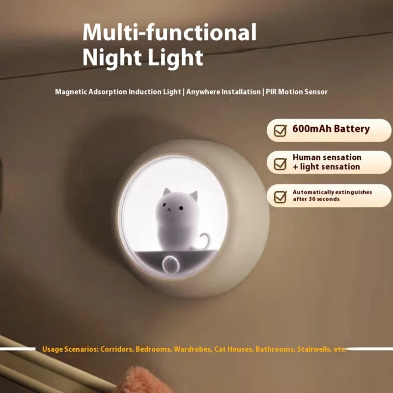 K610 Smart Motion Sensor Night Light Wireless Magnetic Round LED Lamp for Cabinet / Stairs / Hallway Wall Light - White