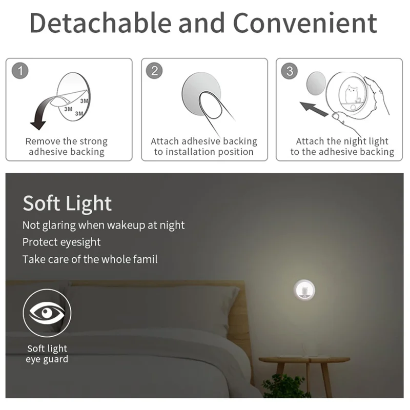 K610 Smart Motion Sensor Night Light Wireless Magnetic Round LED Lamp for Cabinet / Stairs / Hallway Wall Light - White