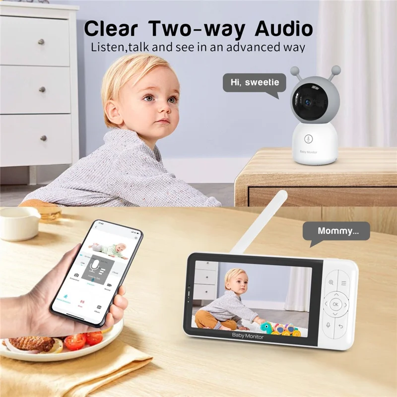 BABY6TS Cloudedge App 5 tommer Dual Channel Babyovervågning To-vejs lyd 1080P HD natte-syn WiFi-kamera - US stik