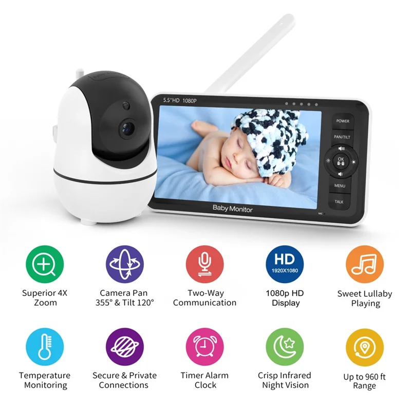 SM55 5.5 Inch Baby Monitor Two-Way Audio 1080P HD Display Panoramic Remote Control Night Vision Camera - US Plug