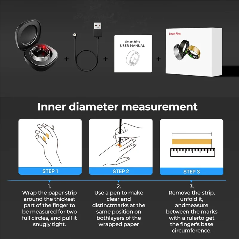 R100 Multifunction Smart Ring Health Monitoring Blood Oxygen Heart Rate Sleep Tracker with Charging Case - Silver / Size 8