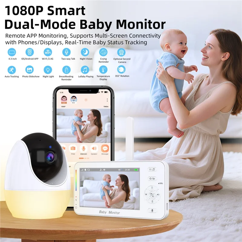ABM206 4.3 Inch Baby Monitor Infant 2.4G WiFi App Video Monitoring Night Vision Two Way Audio Camera - US Plug