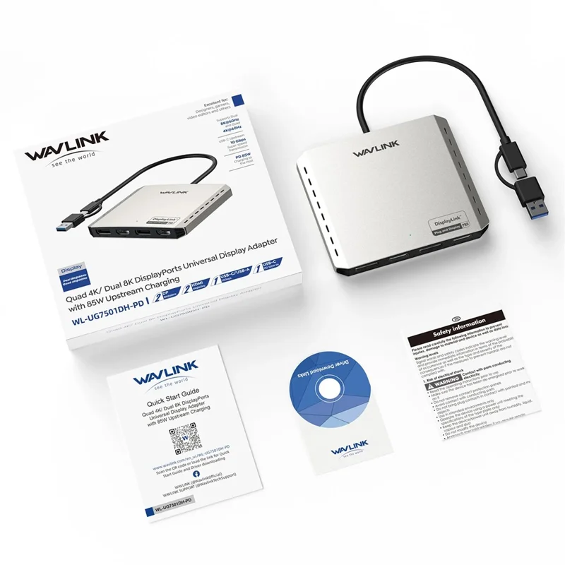 WAVLINK WL-UG7501DH-PD 2 DP + 2 HD Converter 4K / 8K Display Adapter with 85W Upstream Charging for Intel  /  M1  /  M2  /  M3  /  M4 Mac and Windows