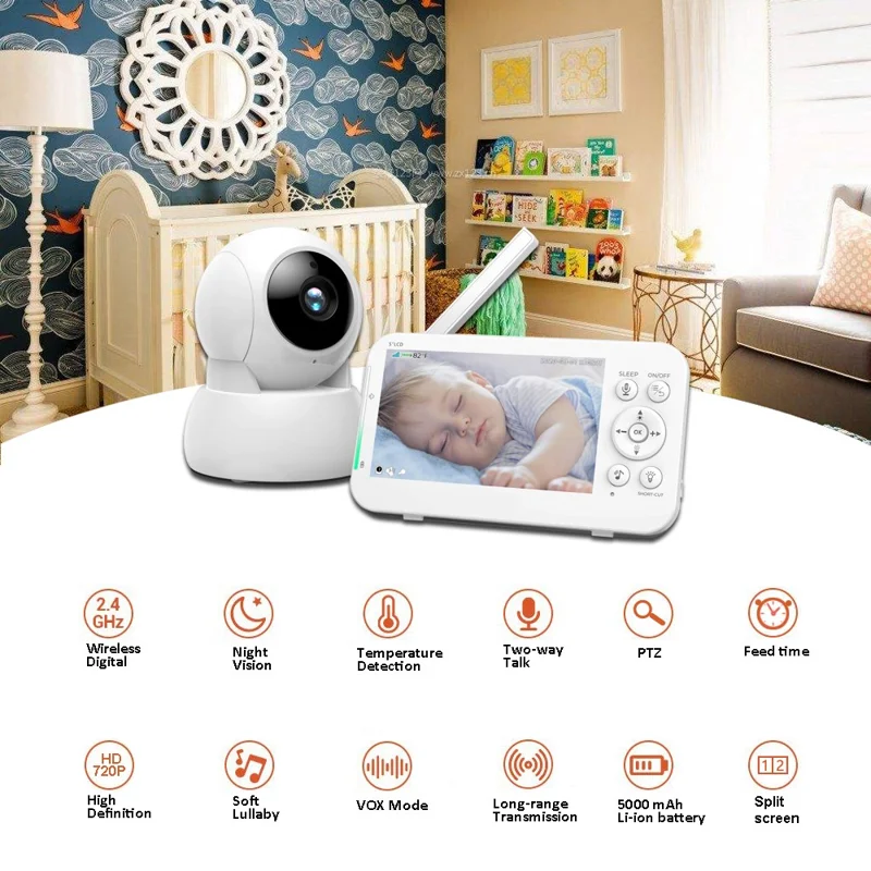 SP960 5 Inch Baby Monitor Two-Way Audio Intercom 720P HD Display Full View RC Home Camera Night Vision - US Plug