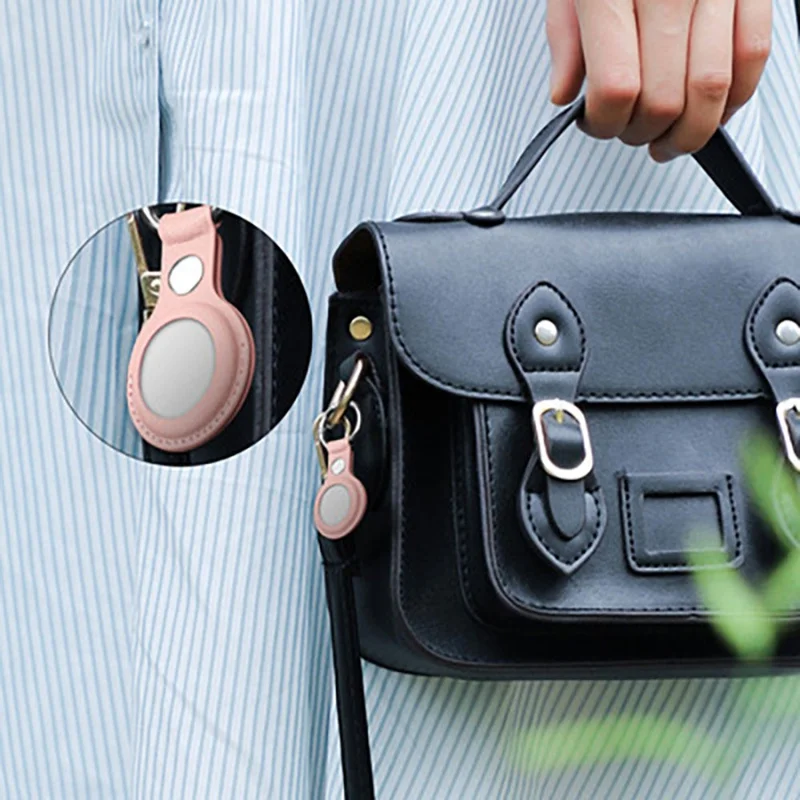 For AirTag Locator Protective Case PU Leather Cover with Anti-Lost Magnetic Closure Key Ring - Pink