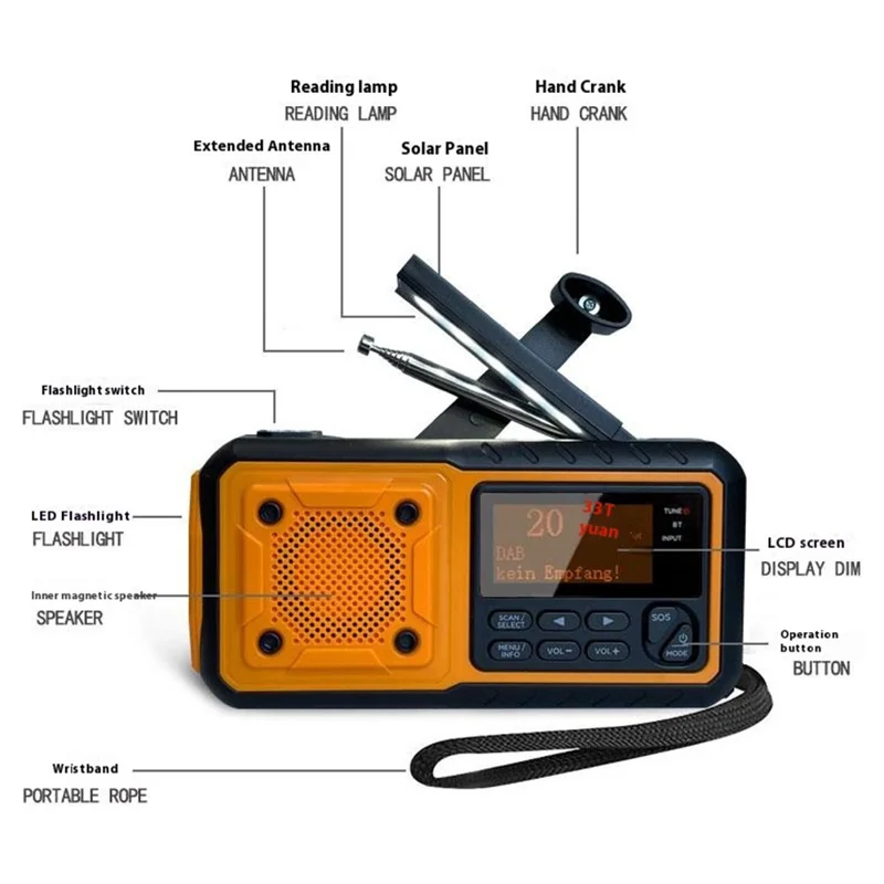 DAB376BT Ręczny Radioodtwarzacz Awaryjny na Energii Słonecznej z Funkcją Power Banka, Radio DAB/FM z Lampką Czytania