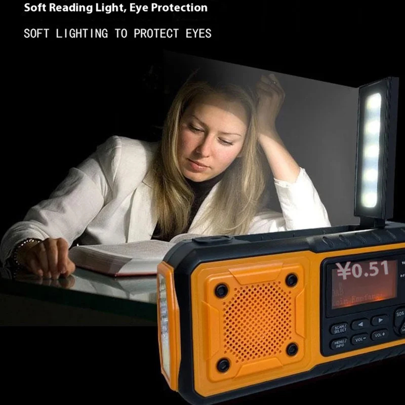 DAB376BT Ręczny Radioodtwarzacz Awaryjny na Energii Słonecznej z Funkcją Power Banka, Radio DAB/FM z Lampką Czytania