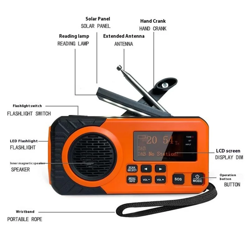 DAB375BT Emergency Radio DAB / FM with 5000mAh Portable Power Bank Solar / Hand Crank Charging SOS Alarm & Flashlight