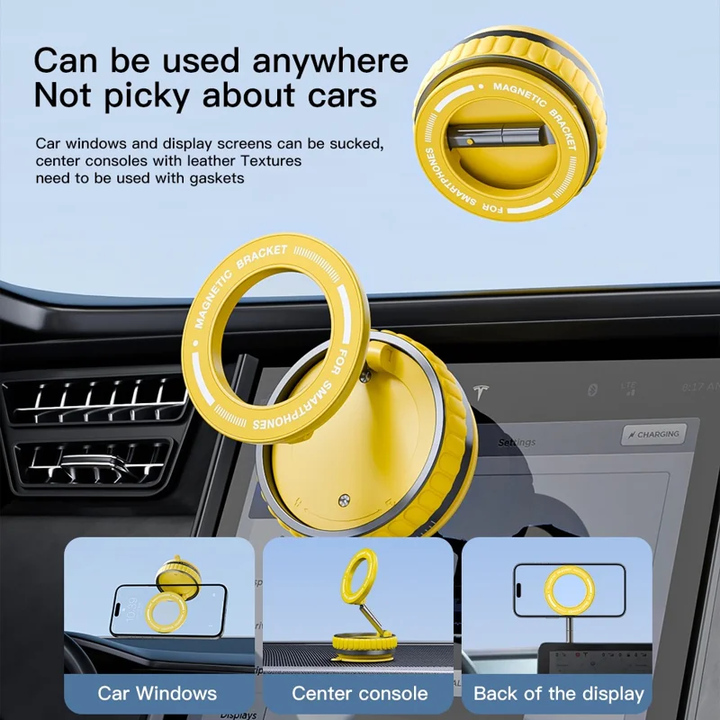 K11 Magnetic Car Phone Mount Stand Portable Foldable Phone Holder with Suction Cup Base - Yellow