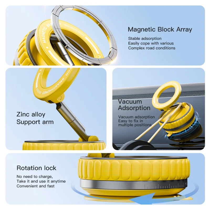 K11 Magnetic Car Phone Mount Stand Portable Foldable Phone Holder with Suction Cup Base - Yellow