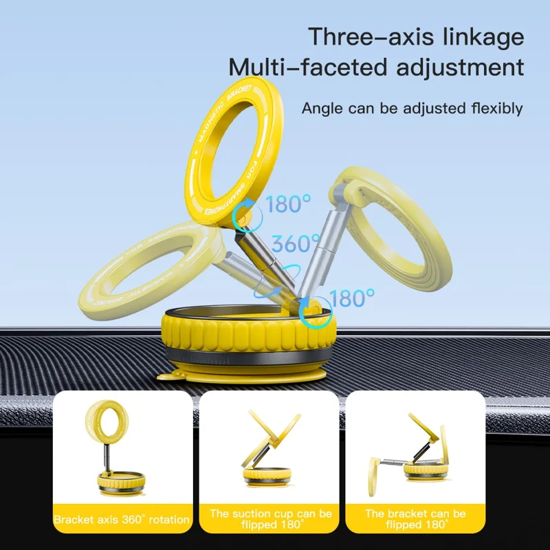 K11 Magnetic Car Phone Mount Stand Portable Foldable Phone Holder with Suction Cup Base - Yellow
