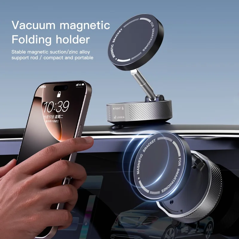 T20 Vacuum Suction Magnetic Phone Mount Tri Axis Adjustable Foldable Phone Holder Stand - Black
