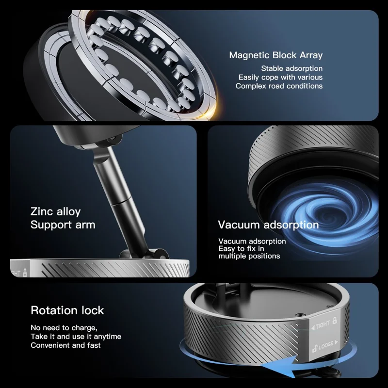 T20 Vacuum Suction Magnetic Phone Mount Tri Axis Adjustable Foldable Phone Holder Stand - Black