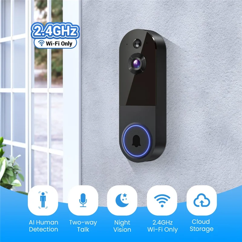 T52 WiFi Wireless Smart Video Doorbell Night Vision HD 1080P Two Way Audio Motion Detection Door Bell - Black