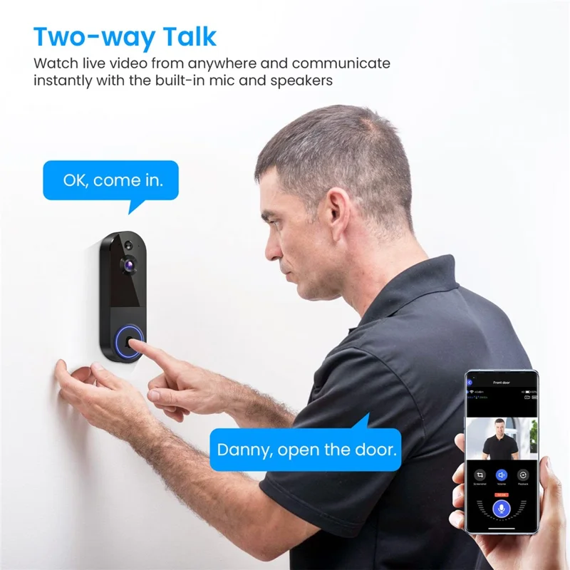 T52 WiFi Wireless Smart Video Doorbell Night Vision HD 1080P Two Way Audio Motion Detection Door Bell - Black