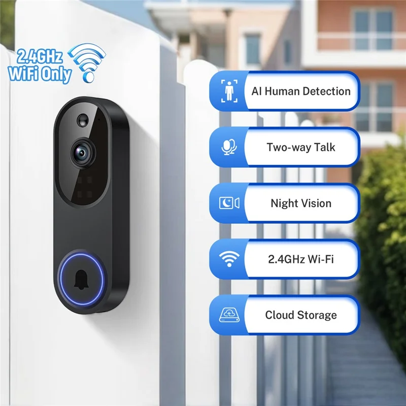 M52 HD Night Vision Wireless Smart Video Doorbell Two Way Audio PIR Motion Detection WiFi Door Bell - Black