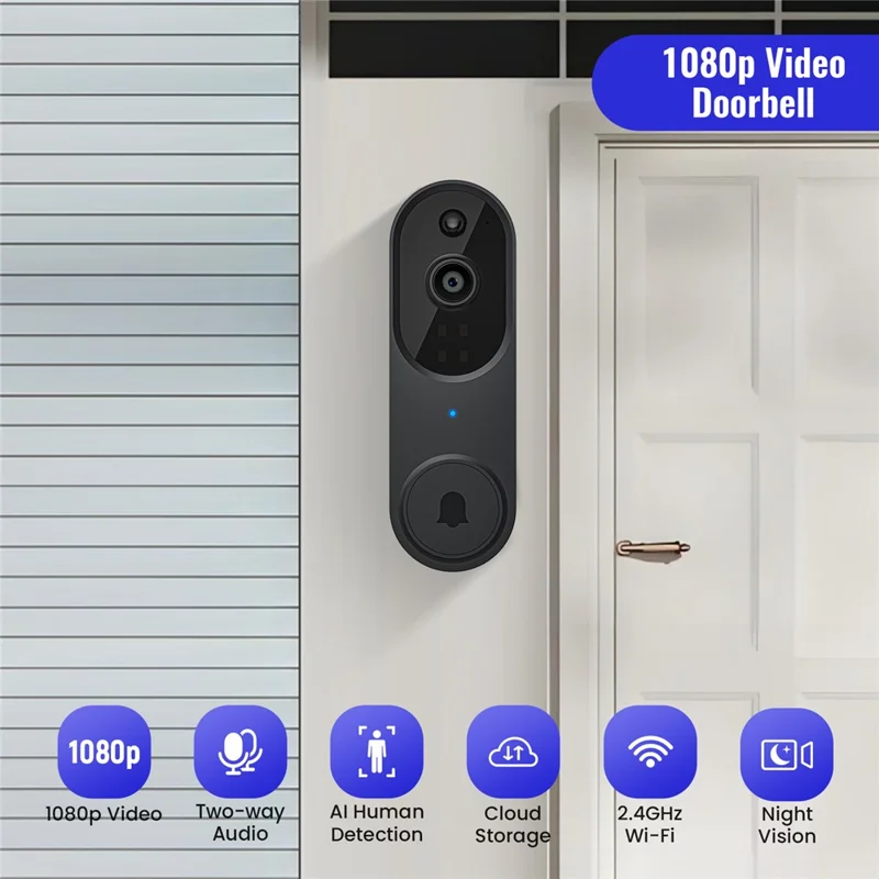 M52 HD Night Vision Wireless Smart Video Doorbell Two Way Audio PIR Motion Detection WiFi Door Bell - Black