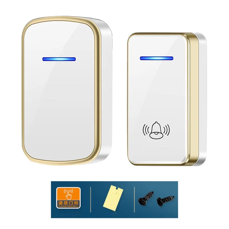 W906 300m Range Wireless Doorbell 60 Ringtones 5 Volume Levels Door Chime Kit, 1 Transmitter + 1 Receiver - White+Gold