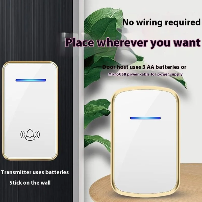 W906 300m Range Wireless Doorbell 60 Ringtones 5 Volume Levels Door Chime Kit, 1 Transmitter + 1 Receiver - White+Gold