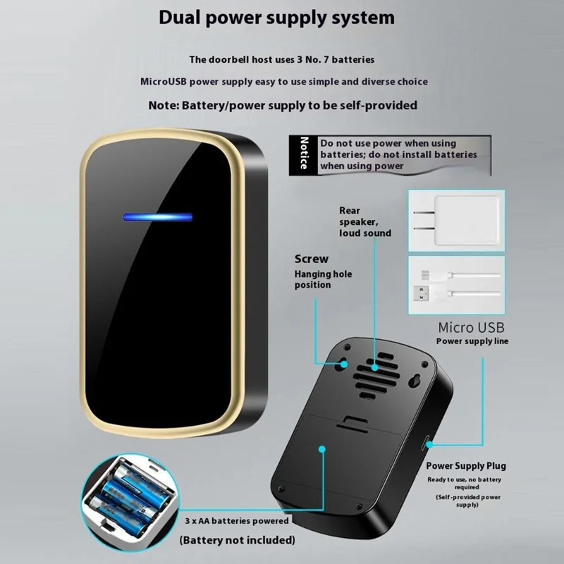 W906 300m Range Wireless Doorbell 60 Ringtones 5 Volume Levels Door Chime Kit, 1 Transmitter + 1 Receiver - White+Gold