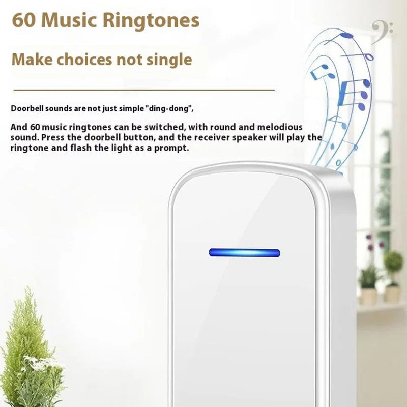 W906 300m Range Wireless Doorbell 60 Ringtones 5 Volume Levels Door Chime Kit, 1 Transmitter + 1 Receiver - White+Gold