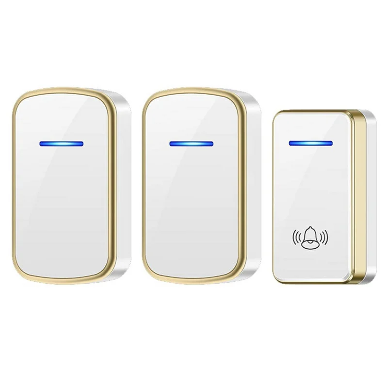 W906 300m Range Wireless Doorbell 60 Ringtones 5 Volume Levels Door Chime Kit, 2 Transmitters + 1 Receiver - White+Gold