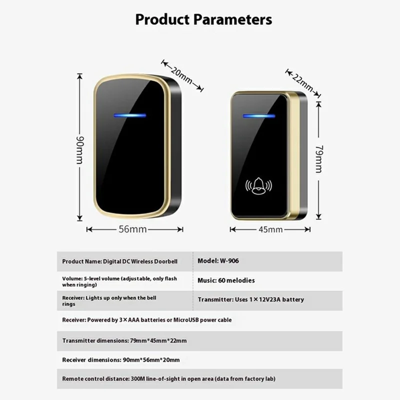 W906 300m Range Wireless Doorbell 60 Ringtones 5 Volume Levels Door Chime Kit, 2 Transmitters + 1 Receiver - White+Gold