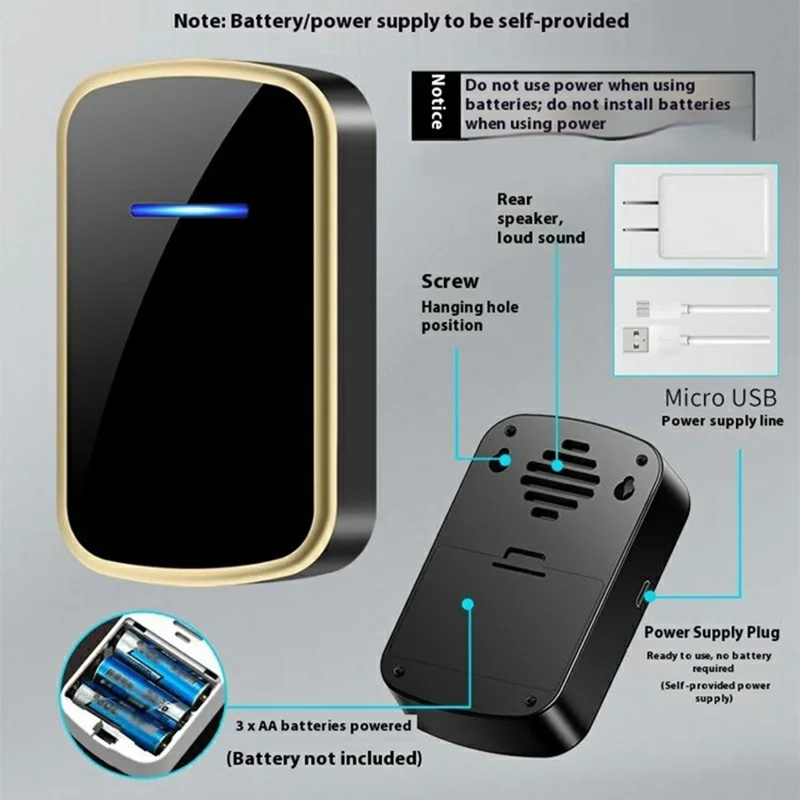 W906 300m Range Wireless Doorbell 60 Ringtones 5 Volume Levels Door Chime Kit, 2 Transmitters + 1 Receiver - White+Gold