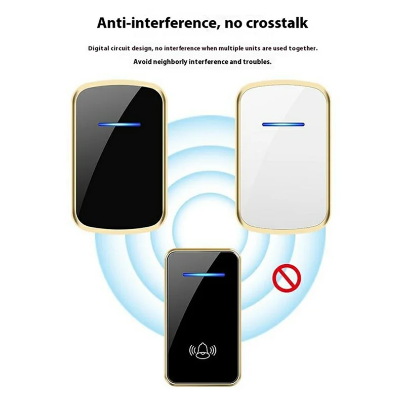 W906 300m Range Wireless Doorbell 60 Ringtones 5 Volume Levels Door Chime Kit, 2 Transmitters + 1 Receiver - White+Gold