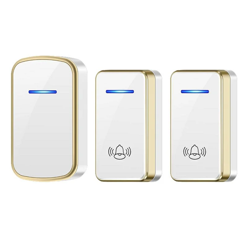 W906 300m Range Wireless Doorbell 60 Ringtones 5 Volume Levels Door Chime Kit, 1 Transmitter + 2 Receivers - White+Gold