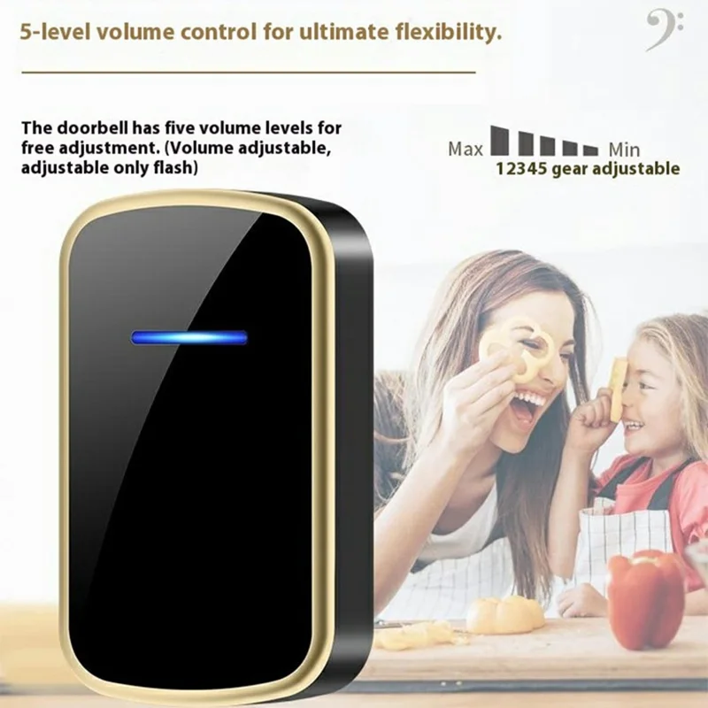 W906 300m Range Wireless Doorbell 60 Ringtones 5 Volume Levels Door Chime Kit, 1 Transmitter + 2 Receivers - White+Gold