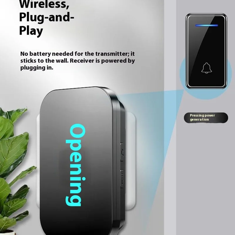 FA88 150m Range 5 Volume Levels Self Powered Wireless Doorbell 60 Melodies Door Chime, 1 Transmitter + 2 Receivers - Black / EU Plug