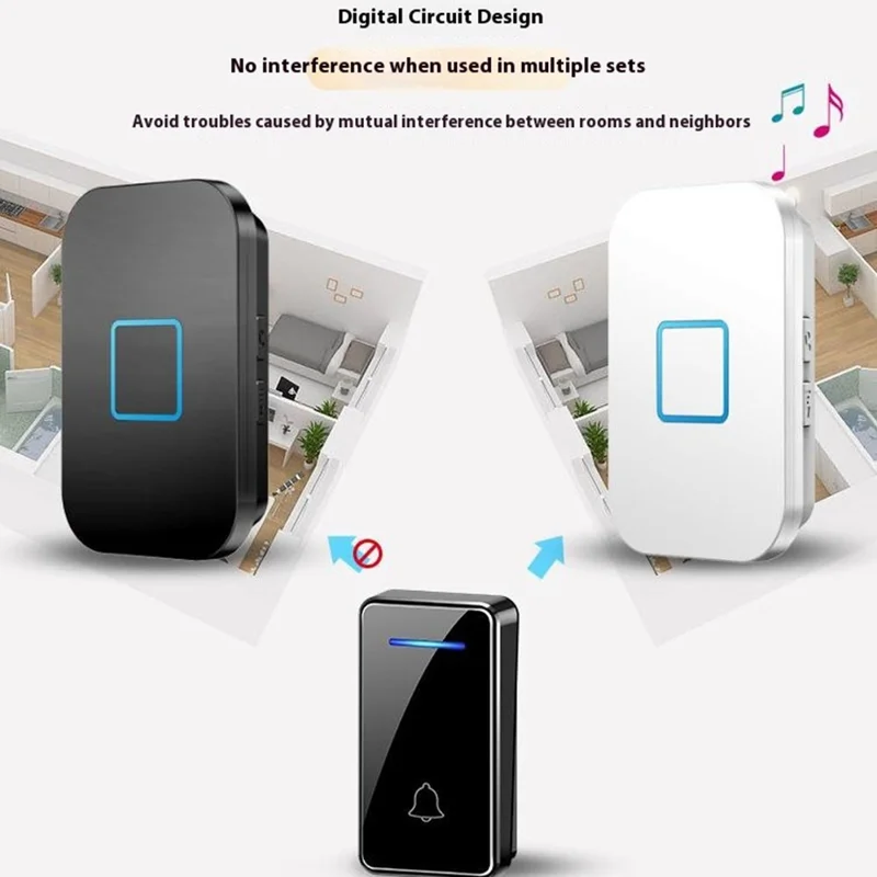 FA88 150m Range 5 Volume Levels Self Powered Wireless Doorbell 60 Melodies Door Chime, 1 Transmitter + 2 Receivers - Black / EU Plug