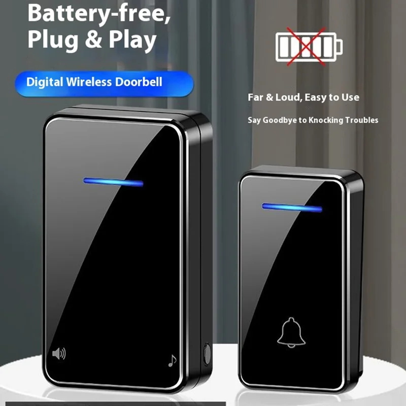 FA8 Self Powered Home Wireless Doorbell 60 Ringtones 5 Volume Levels Door Chime Kit, 1 Transmitter + 1 Receiver - Black / EU Plug