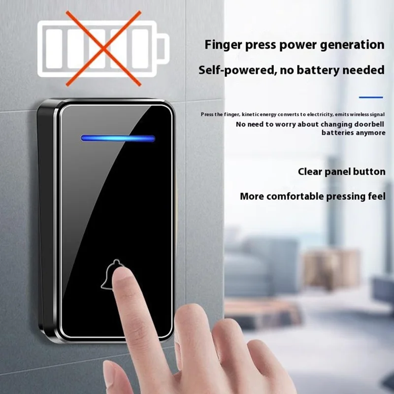 FA8 Self Powered Home Wireless Doorbell 60 Ringtones 5 Volume Levels Door Chime Kit, 1 Transmitter + 1 Receiver - Black / EU Plug