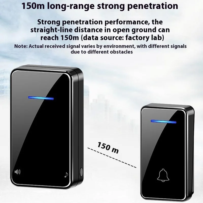 FA8 Self Powered Home Wireless Doorbell 60 Ringtones 5 Volume Levels Door Chime Kit, 1 Transmitter + 1 Receiver - Black / EU Plug