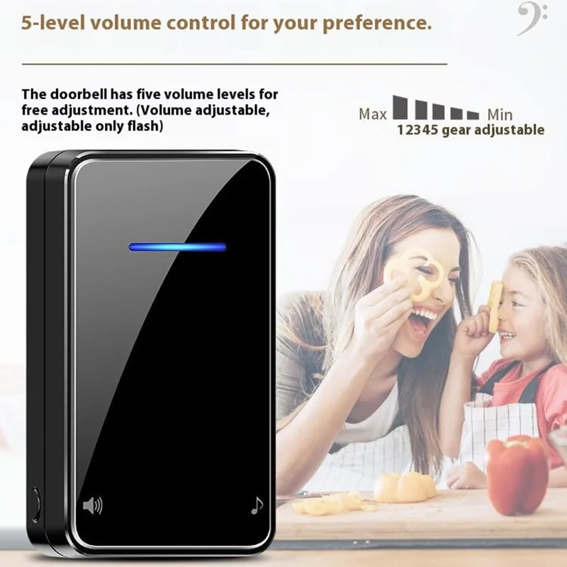 FA8 Self Powered Home Wireless Doorbell 60 Ringtones 5 Volume Levels Door Chime Kit, 1 Transmitter + 1 Receiver - Black / EU Plug