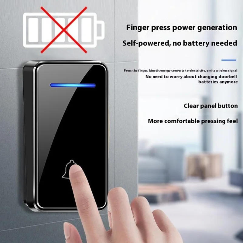 FA8 Self Powered Home Wireless Doorbell 60 Ringtones 5 Volume Levels Door Chime Kit, 1 Transmitter + 2 Receivers - Black / EU Plug