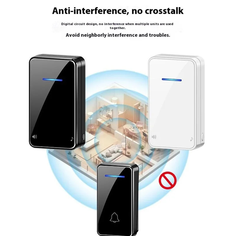 FA8 Self Powered Home Wireless Doorbell 60 Ringtones 5 Volume Levels Door Chime Kit, 1 Transmitter + 2 Receivers - Black / EU Plug