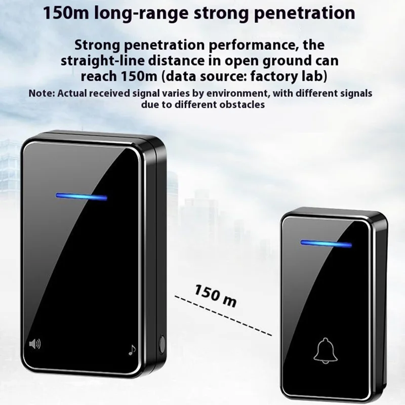 FA8 Self Powered Home Wireless Doorbell 60 Ringtones 5 Volume Levels Door Chime Kit, 2 Transmitters + 1 Receiver - Black / EU Plug