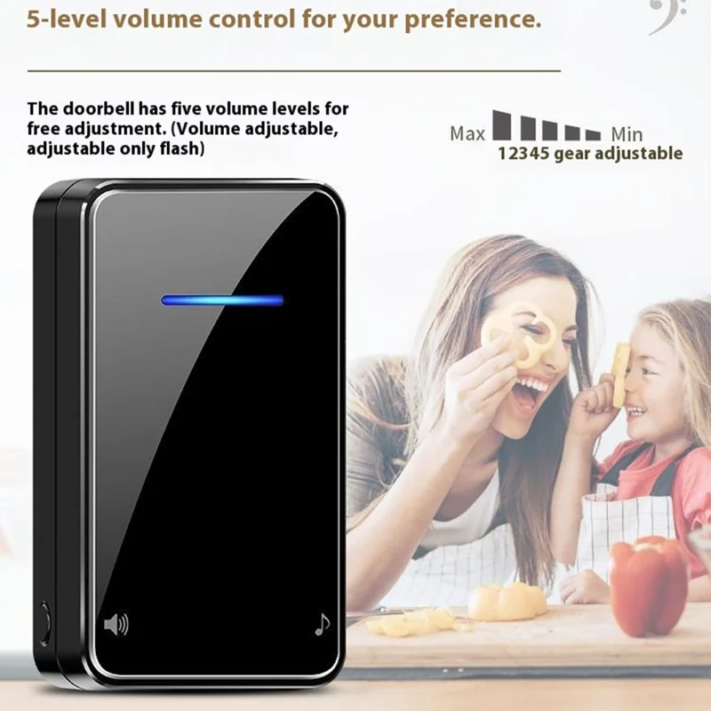 FA8 Self Powered Home Wireless Doorbell 60 Ringtones 5 Volume Levels Door Chime Kit, 2 Transmitters + 1 Receiver - Black / EU Plug