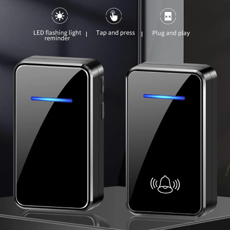A80 Wireless USB Doorbell for Home 150m Range 60 Melodies 5 Volume Levels Door Chime, 1 Transmitter + 2 Receivers - Black