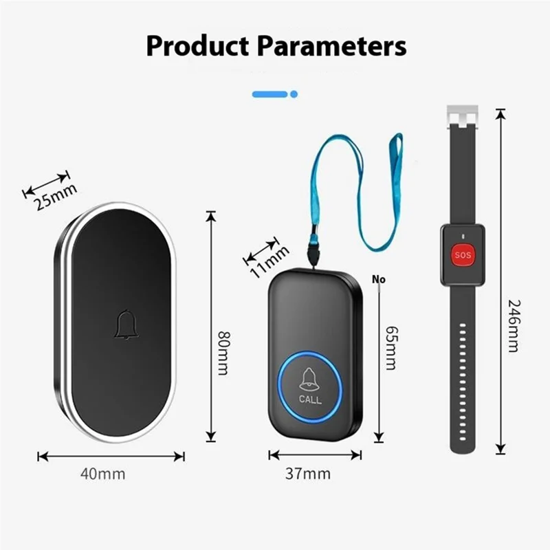 A18 Dla osób starszych przycisk SOS do awaryjnego wołania, 60 melodii, regulacja głośności, bezprzewodowy system alarmowy 300 m, 1 przycisk zegarkowy + 1 odbiornik z wtykiem UE – Czarny+Złoty