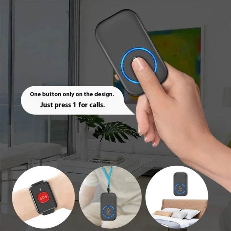 A18 Dla osób starszych przycisk SOS do awaryjnego wołania, 60 melodii, regulacja głośności, bezprzewodowy system alarmowy 300 m, 1 przycisk zegarkowy + 1 odbiornik z wtykiem UE – Czarny+Złoty